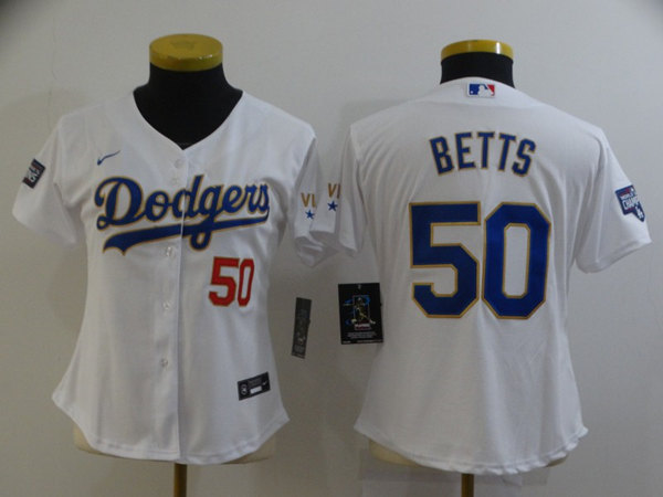 Women's Los Angeles Dodgers #50 Mookie Betts White Gold Championship Cool Base Stitched Jersey(Run Small)